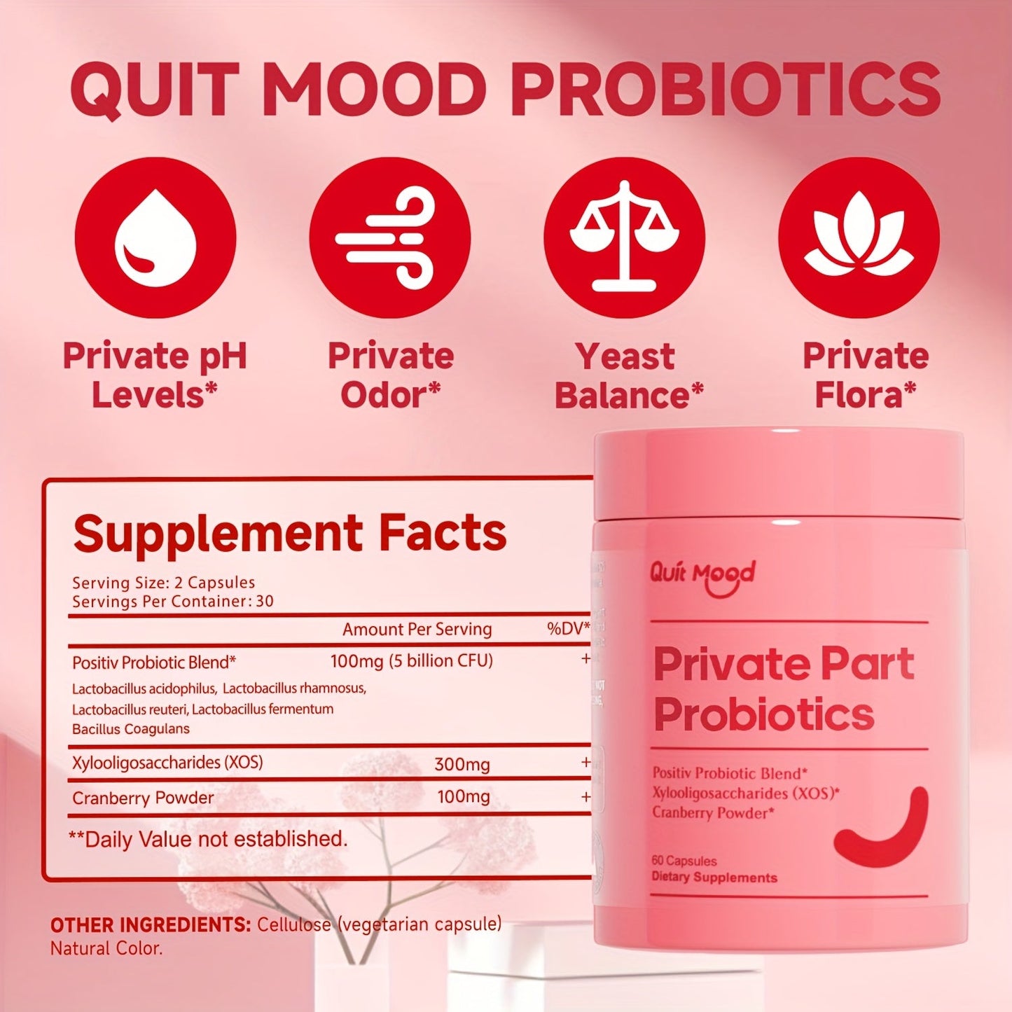 Women's Private Probiotics - pH Balance Support for Intimate Health with Cranberry (60 Capsules)